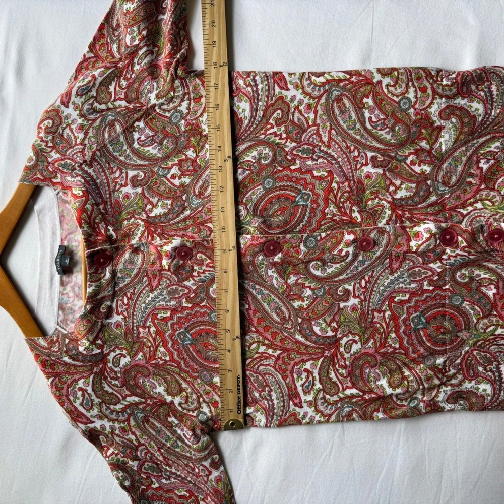 Talbots Womens Red Paisley Button Front Cardigan Sweater Size M 3/4 Sleeve